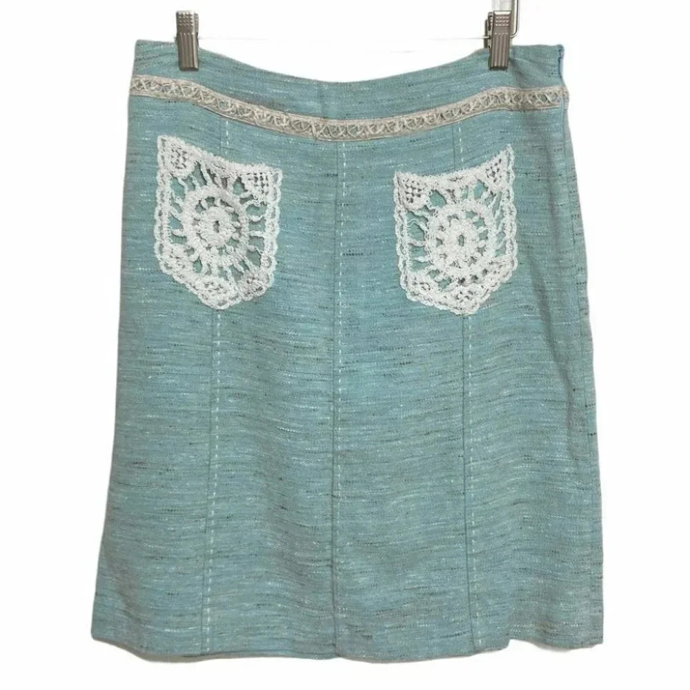 Beth Bowley‎ Teal Tweed Crochet Pocket A-Line Knee Length Skirt Size 6